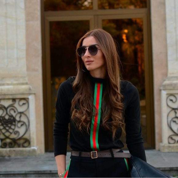 Stylish Black Top with Red and Green Stripes - Picture 1 of 1
